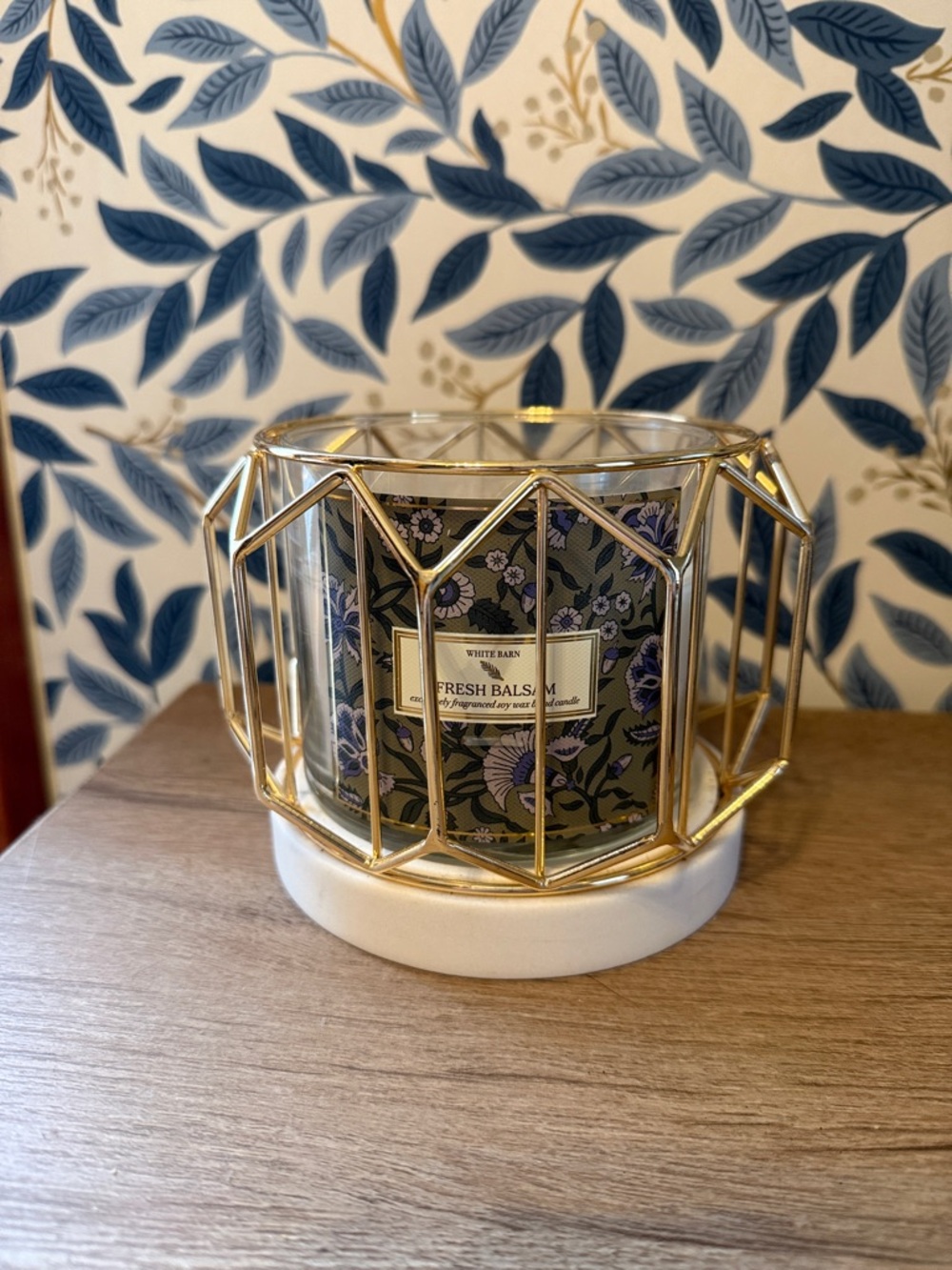 White Barn Gold Geometric Glass Candle Holder with Green Floral Candle
